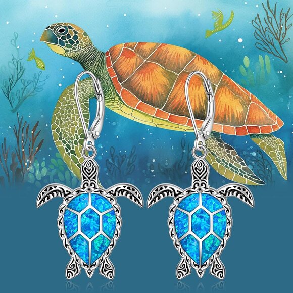 Sterling Silver Turtle Earrings Blue Opal Dangle Ocean Jewelry for Women - Picture 5 of 9
